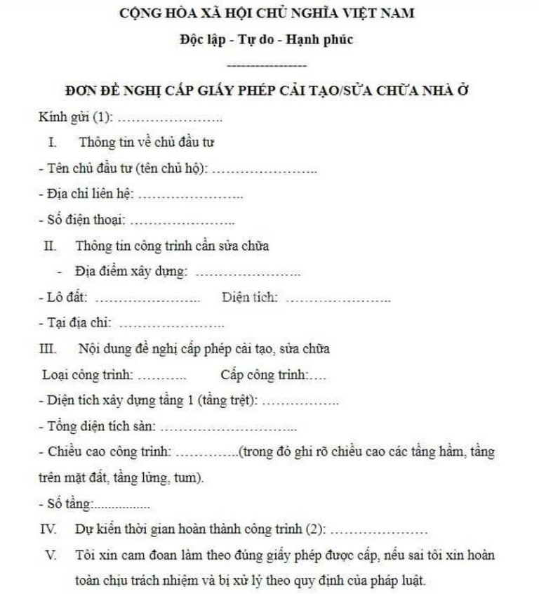 Mẫu đơn xin sửa chữa nhà ở